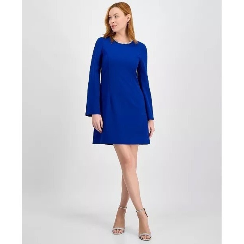 Tahari ASL Shift Dress Womens 10 Cobalt Blue New With Tags Rhinestone Trim $169